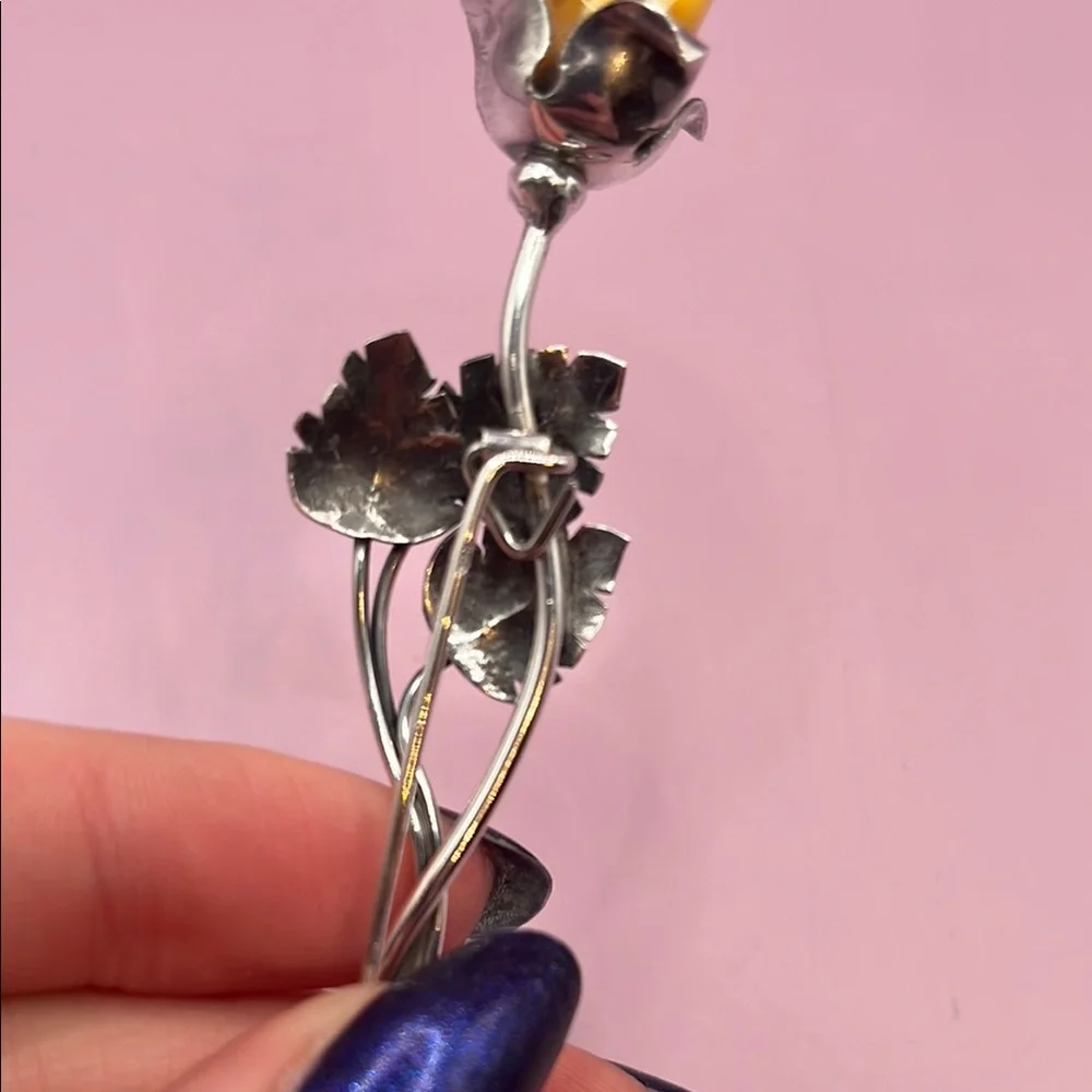 Vintage Beautiful Sterling Silver Citrine Rose Flower Pin